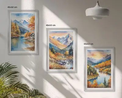 Billedsæt til soveværelset med motiv af bjerglandskab ved flod om efteråret