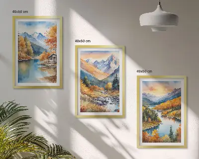 Billedsæt til soveværelset med motiv af bjerglandskab ved flod om efteråret