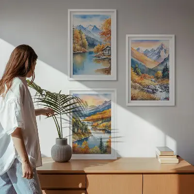 Billedsæt til soveværelset med motiv af bjerglandskab ved flod om efteråret