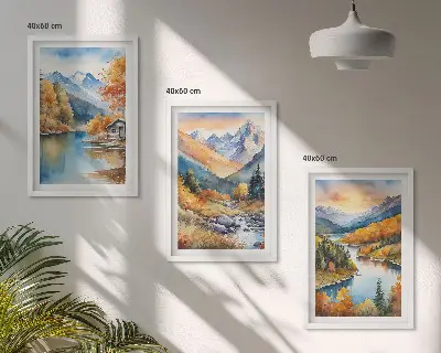 Billedsæt til soveværelset med motiv af bjerglandskab ved flod om efteråret