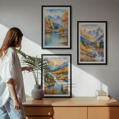 Billedsæt til soveværelset med motiv af bjerglandskab ved flod om efteråret
