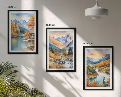Billedsæt til soveværelset med motiv af bjerglandskab ved flod om efteråret