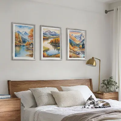 Billedvæg med bjergfloder og efterårstræer inspiration med bjergfloder og efterårstræer
