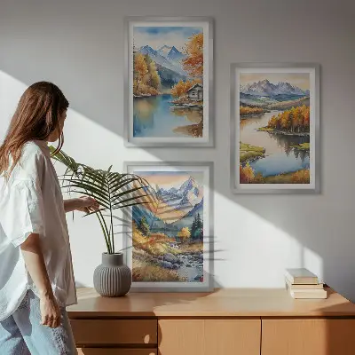 Billedvæg med bjergfloder og efterårstræer inspiration med bjergfloder og efterårstræer