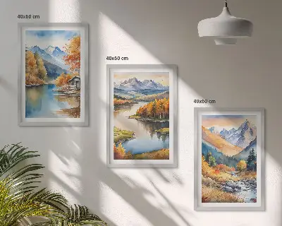 Billedvæg med bjergfloder og efterårstræer inspiration med bjergfloder og efterårstræer