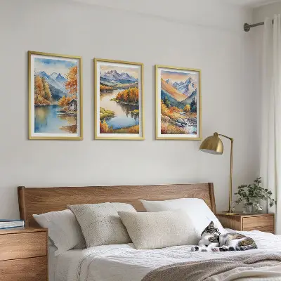 Billedvæg med bjergfloder og efterårstræer inspiration med bjergfloder og efterårstræer