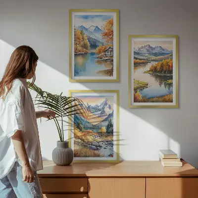 Billedvæg med bjergfloder og efterårstræer inspiration med bjergfloder og efterårstræer