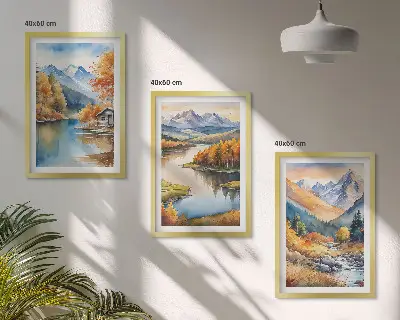 Billedvæg med bjergfloder og efterårstræer inspiration med bjergfloder og efterårstræer