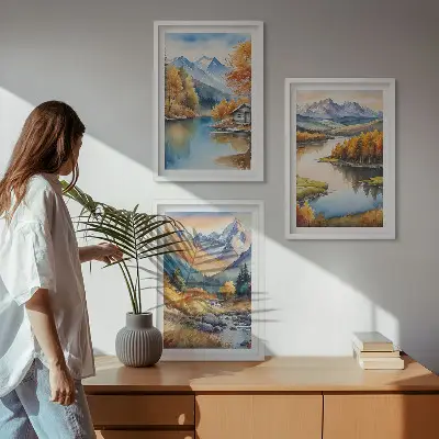 Billedvæg med bjergfloder og efterårstræer inspiration med bjergfloder og efterårstræer