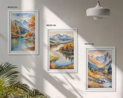 Billedvæg med bjergfloder og efterårstræer inspiration med bjergfloder og efterårstræer