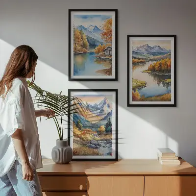 Billedvæg med bjergfloder og efterårstræer inspiration med bjergfloder og efterårstræer