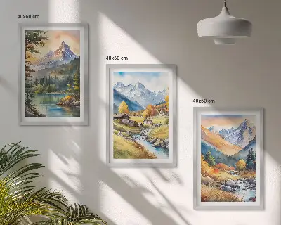 Bjerglandskab med en flod triptykon med ramme