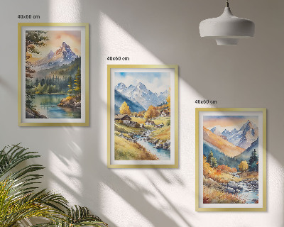 Triptykon billeder med ramme Bjerglandskab med en flod