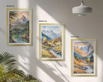 Bjerglandskab med en flod triptykon med ramme