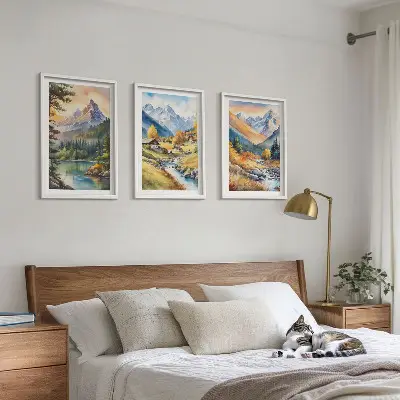 Bjerglandskab med en flod triptykon med ramme