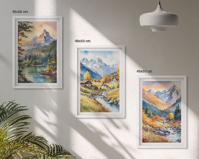 Triptykon billeder med ramme Bjerglandskab med en flod