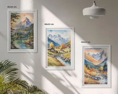 Bjerglandskab med en flod triptykon med ramme