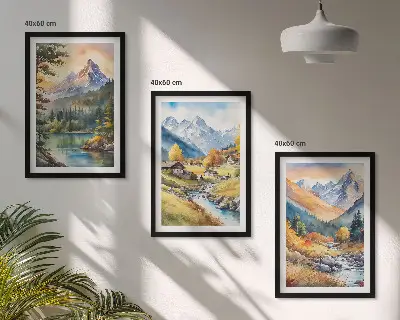 Bjerglandskab med en flod triptykon med ramme