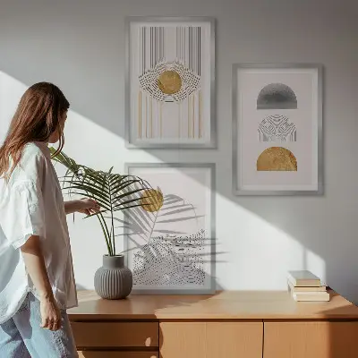 Billedsæt til soveværelset med abstrakte former i beige og grå