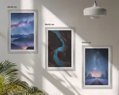 Billedvæg med inspiration nattehimmel med bjerge i et vinterlandskab