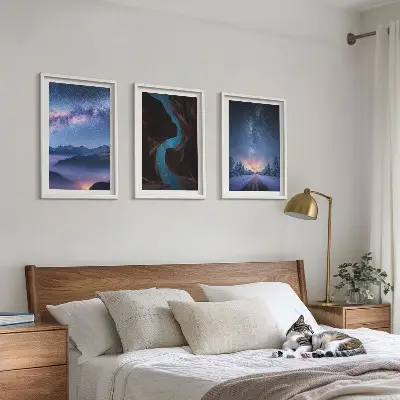 Billedvæg med inspiration nattehimmel med bjerge i et vinterlandskab