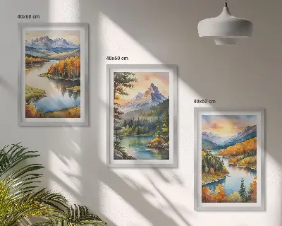 Bjerglandskaber med en flod triptykon billeder med ramme