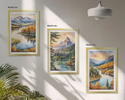 Bjerglandskaber med en flod triptykon billeder med ramme