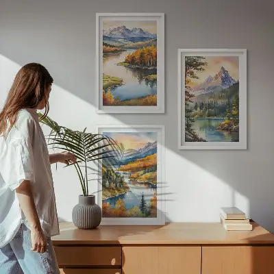 Bjerglandskaber med en flod triptykon billeder med ramme