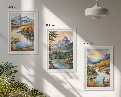 Bjerglandskaber med en flod triptykon billeder med ramme