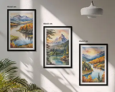 Bjerglandskaber med en flod triptykon billeder med ramme