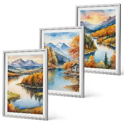 Efterårsbjerglandskaber triptykon billeder med ramme