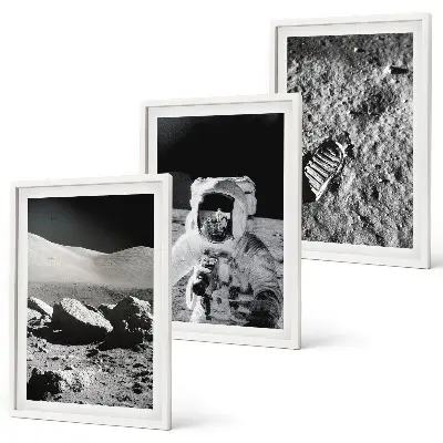 Triptykon med NASA-fotos af måneastronauter inklusive ramme