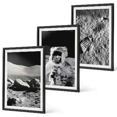 Triptykon med NASA-fotos af måneastronauter inklusive ramme