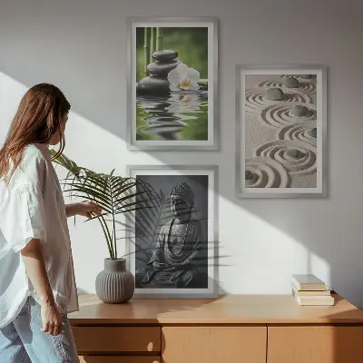 Billedsæt til soveværelset med afslappende motiv af en zen Buddha