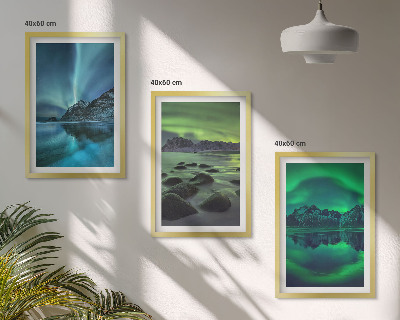 Triptykon billeder med ramme Vinterlandskab med nordlyset