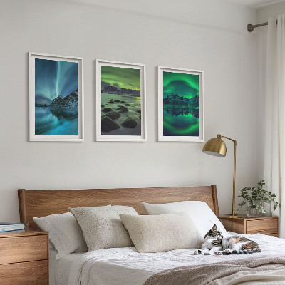 Triptykon billeder med ramme Vinterlandskab med nordlyset