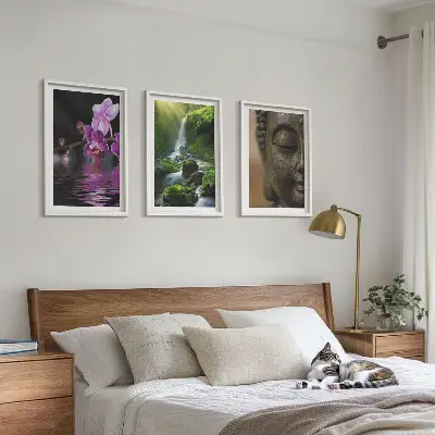 Sengesæt til soveværelset med motiv af blomstrende vandfald, Buddha og Zen-klipper