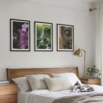 Sengesæt til soveværelset med motiv af blomstrende vandfald, Buddha og Zen-klipper