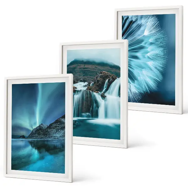 Triptyk af vinterlandskaber med vandfald med ramme