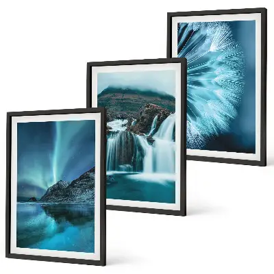 Triptyk af vinterlandskaber med vandfald med ramme