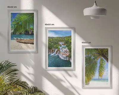 Billedsæt til soveværelset med motiver af strand, båd, vandfald og palmer