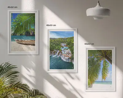 Billedsæt til soveværelset med motiver af strand, båd, vandfald og palmer