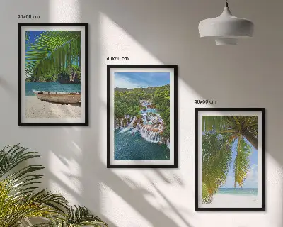 Billedsæt til soveværelset med motiver af strand, båd, vandfald og palmer