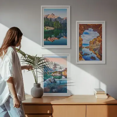Billedsæt til soveværelset med motiv af bjergsøer og klipperefleksioner