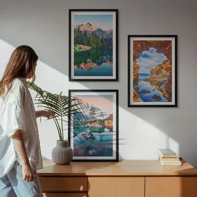 Billedsæt til soveværelset med motiv af bjergsøer og klipperefleksioner