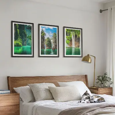 Billedsæt til soveværelset med motiv af grønne landskaber og vandfald