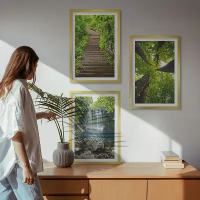 Billedvæg med motiv af sti i skov med vandfald og vegetation
