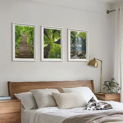 Billedvæg med motiv af sti i skov med vandfald og vegetation