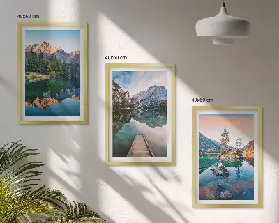 Billedsæt til soveværelset med motiv af bjergsøer og refleksionsskov