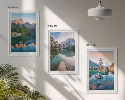 Billedsæt til soveværelset med motiv af bjergsøer og refleksionsskov